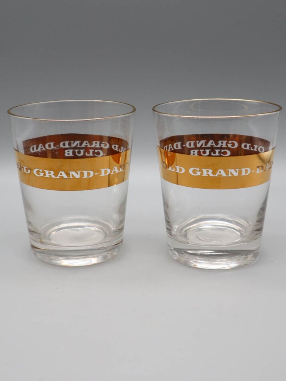 2 Vtg Old Grand-Dad Club Whiskey Rocks Tumblers Glasses Gold Gilt MCM Barware